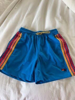 Aviator Nation Kids Blue Swim Trunks with Rainbow Side Stripes